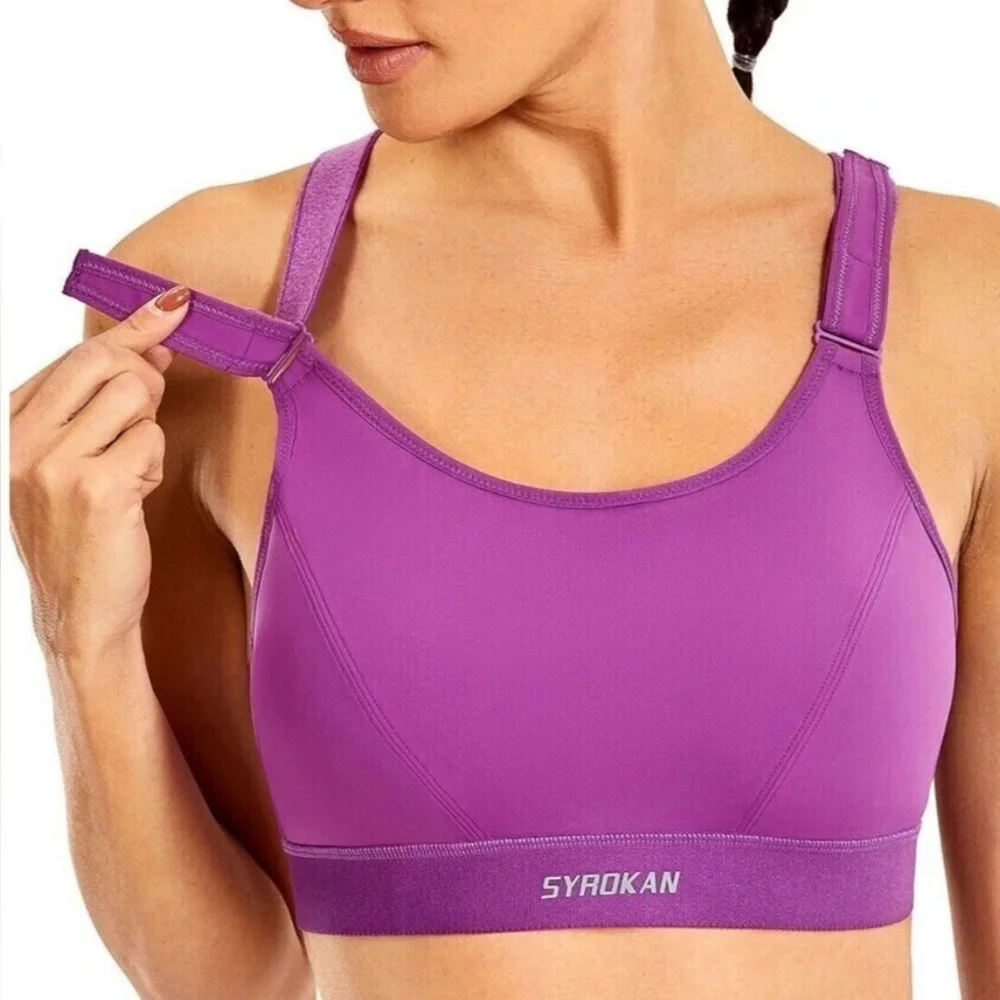 SYROKAN new purple Front adjustable padded sports bra work out bra women’s 34G - Picture 2 of 13